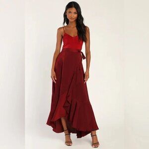 Lulus Double Darling Burgundy Color Block Satin Ruffled spaghetti Maxi Dress S